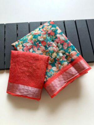 Linen Sarees with Blouse - Green