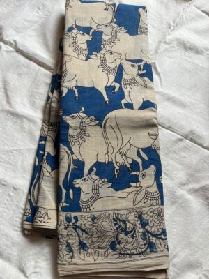Mangalagiri Handloom Cotton Kalamkari Saree - Blue