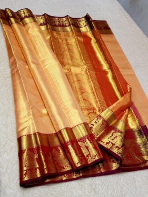 PURE KANCHIPURAM 1G HANDLOOLM TRADITIONAL KORVAI SILK SAREES - Orange