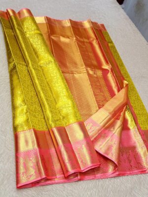 PURE KANCHIPURAM 1G HANDLOOM TRADITIONAL KORVAI SILK SAREES - Yellow