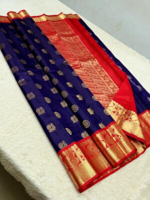 PURE  KANCHIPURAM KORVAI PATTERN SMALL BORDER SILK SAREES - Blue